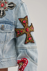 Women's <b>Denim</b> <b>Jacket</b> Set With Embroidered Patches <b>Cropped</b> Top And Wide Leg Jeans Casual Spring Summer Outfit - Product Image 4