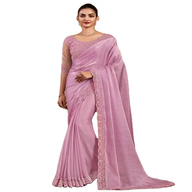 Sari in seta senza cuciture da donna con blusa in seta in scaglie d'oro | Sari pronti che esportano e fabbricano dall'India |