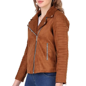<b>Women's</b> Brown <b>Suede</b> Moto <b>Jacket</b> With Zipper Closure Full Sleeve Stand Collar Autumn Style - Product Image 6