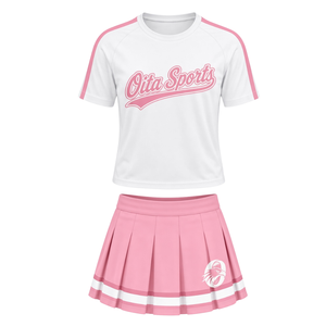 Ensemble uniforme de cheerleading imprimé rose et blanc, haut à manches courtes, jupe plissée, tenue de sport athlétique pour l'entraînement et la performance - Product Image 1