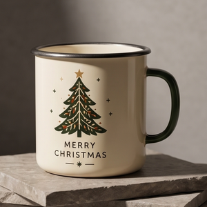 Holiday Festive Season Metal Camp Cup Custom Logo Printing Heavy Duty <b>Iron</b> Enamel Mug Featuring Decorated Christmas Tree - Product Image 1