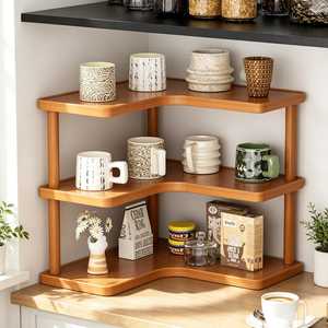 Wooden Three Tier Corner <b>Storage</b> <b>Rack</b> For <b>Kitchen</b> Countertop Tableware Organization Modern Style Standing Type Durable wholesale - Product Image 1