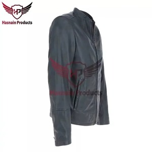 Chaqueta de Cuero Azul Auténtico para Hombre, Corte Ajustado, Estilo Café Racer, Motociclista, Piel de Vacuno, Cuello sin Solapa, Personalizada, Clásica, Cálida para Invierno - Product Image 2