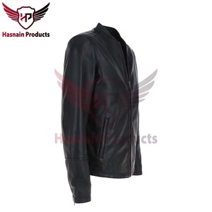 Chaqueta de Cuero Genuino Negra para Hombre, Corte Ajustado, Estilo Cafe Racer, Motociclista, Piel de Vacuno, Sin Cuello, Personalizada, Clásica, Abrigo Cálido de Invierno - Product Image 2
