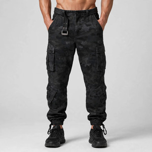 Pantalon cargo camouflage noir pour homme, taille haute, plusieurs poches, respirant, toile mi-lourde, style vêtements de travail, automne - Product Image 1