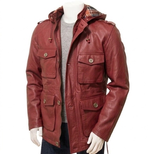 Veste en cuir véritable à capuche pour homme avec poches, fermeture éclair, style décontracté d'hiver, coupe régulière, coupe-vent, noire - Product Image 3