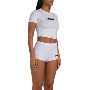 Casual Summer Outfit <b>Set</b> Solid Breathable Short T-Shirt <b>Set</b> and above Knee Shorts with Custom Decoration for Daily Wear - Product Image 4