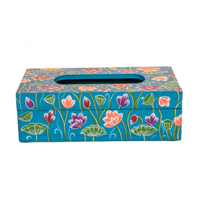 Boîte à mouchoirs rectangulaire en bois imprimé motif floral, couleur bleue avec fleurs roses et violettes, pratique pour la décoration de la maison et du bureau - Product Image 1