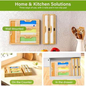 Organizzatore in bambù con 2 dispenser per pellicole e 4 scomparti per sacchetti in plastica per alimenti da cucina - Product Image 5