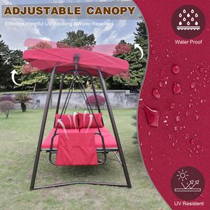 Red Outdoor Patio 3-Seater Metal Swing Chair with <b>Cushion</b> and Adjustable Canopy for Swing <b>Beds</b> - Product Image 3