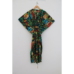 Robe d'été décontractée pour femme, longue, en coton tissé à imprimé floral, à manches courtes, col en V, avec cordon de serrage, respirante, style bohème - Product Image 1