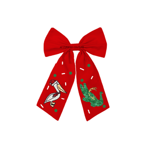 Lazo Rojo Navideño para el Cabello con Diseño Bordado de Feliz Navidad y Reno, Lazo Personalizado con Cuentas para Temática Navideña - Product Image 4