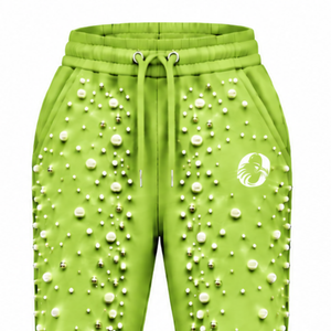 Lime Green Pearl Beaded Jogger Pants Women Luxury Embellished Drawstring Sweatpants Casual Streetwear <b>Fleece</b> <b>Trousers</b> Custom - Product Image 3