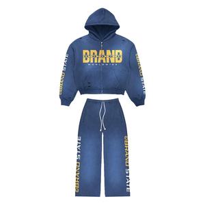 Ensemble sweat à capuche et pantalon de survêtement en coton épais, style streetwear, délavé soleil, effet usé, coupé-cousu, avec fermeture éclair et délavage acide - Product Image 3