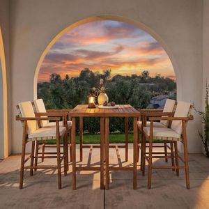 Conjunto de Bar para Exteriores de 6 Piezas, Muebles de Patio de Madera de Acacia, 2 Mesas Altas de Bar y 4 Taburetes con Cojines para Uso en el Patio Trasero - Product Image 3
