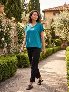 Blusa de Mujer con Cuello en V y Manga Corta, Color Verde Azulado, Corte Holgado, Color Sólido, Informal, Ecológica, Tejida, para Primavera y Verano - Product Image 6