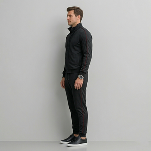 Men's Black <b>Tracksuit</b> Set Full Sleeve Stand Collar Zipper Closure Solid Color Casual Wear Polyester Material Autumn Style - Product Image 2