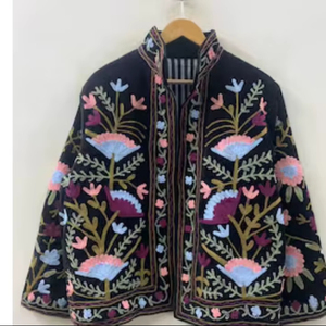 Ethnic Style Winter Jacket Velvet Suzani Cropped Bohemian <b>Coat</b> with Floral Embroidery for Festivals or Casual Wear - Product Image 1