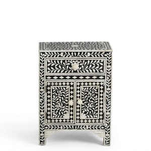 Table de chevet indienne géométrique en os incrusté, noir et blanc, avec 3 tiroirs, commode de luxe moderne pour chambre à coucher, vente en gros - Product Image 3