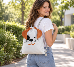 Sac de sport en coton 300 GSM avec cordon de serrage, 29x35 cm, blanc cassé, imprimé chien, sac à dos, pochette, logo personnalisé, vente en gros, OEM, marque privée, B2B, éco-responsable - Product Image 5