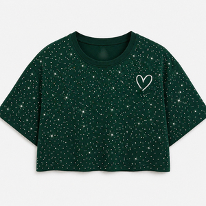 Wholesale Women All Over Rhinestone Crop T Shirt Glitter Heart Casual Streetwear Summer Fashion Top Supplier - Product Image 3