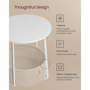 Tavolino Rotondo Moderno con Cesto in Tessuto, Comodino Bianco Opaco e Marrone Cammello - Product Image 3