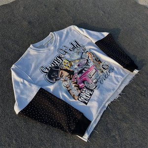 เสื้อสตรีทแวร์ประดับพลอยเทียมแขนยาวสองชั้นลายปักโลโก้ทรงโอเวอร์ไซส์ปกติ - Product Image 3