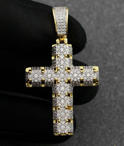 Collar con Colgante de Cruz de Moissanita Plateada, Chapado en Oro/Plata de Dos Tonos, Estilo Hip Hop, Unisex - Product Image 3