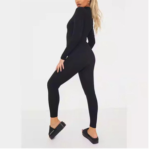 Combinaison moulante noire à manches longues et col en V avec fermeture éclair, taille haute, couleur unie, effet ventre plat, pour femme, style streetwear - Product Image 4