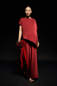 Conjunto de 2 piezas de verano para mujer, mezcla de seda, asimétrico, elegante, corte diagonal, cuello redondo, manga corta, informal, falda y blusa - Product Image 2