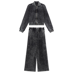 Survêtement gris en velours délavé pour femme, manches longues, col montant, fermeture éclair sur le devant, coupe ample, pantalon large, couleur unie, décontracté, OEM - Product Image 1
