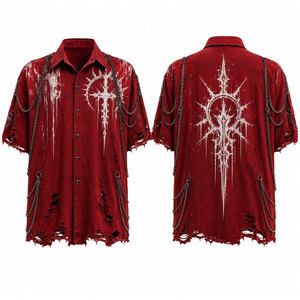 <b>Men's</b> Red Gothic Short Sleeve Shirt With White Print <b>Chains</b> And Ripped Hem Casual Style Summer Wear Gothic Shirts - Product Image 1