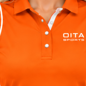 Polo sans manches orange vif pour femme, col patchwork, coupe ajustée, pour l'équitation et l'entraînement, personnalisable, vente en gros - Product Image 5