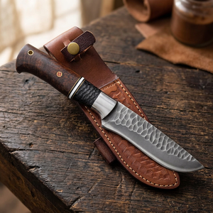 Cuchillo de caza hecho a mano con hoja de acero inoxidable forjado, mango de madera de palisandro y funda de cuero fino, cuchillo de camping, cuchillo EDC. - Product Image 3