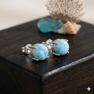 925 <b>Sterling</b> <b>Silver</b> Natural Larimar Round Shape Prong Setting 8mm <b>Stud</b> Earrings Gemstone Jewelry Christian Ceremonies Party Gift - Product Image 4