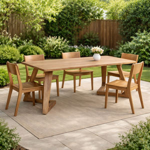 Table à manger en bois de teck durable de qualité supérieure, style scandinave moderne, forme trapézoïdale, décoration intérieure, finition naturelle, restaurant, café - Product Image 6