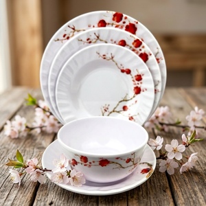 Service de vaisselle en mélamine, motif végétal rouge, assiettes et bols ronds profonds modernes pigmentés - Product Image 3