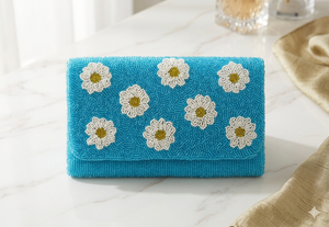 Bolso de mano con cuentas para mujer, diseño floral azul, elegante, para fiesta, boda, cierre de solapa, sin correa - Product Image 4