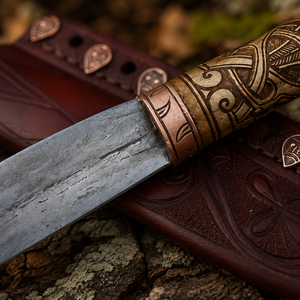 Cuchillo Curvo Estilo Vikingo Hecho a Mano con Hoja de Acero al Carbono, Mango Grabado y Funda de Cuero - Product Image 3