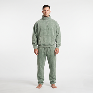 Wholesale High Quality Men's Cotton Acid Wash Stand Collar Half Zip <b>Oversized</b> Sweatshirt and <b>Sweatpants</b> Casual Tracksuit - Product Image 4