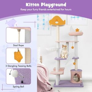 66-Inch Cute <b>Cat</b> <b>Tree</b> with Multi-Level Tall <b>Cat</b> Tower and Sisal Covered <b>Scratching</b> Posts - Product Image 6