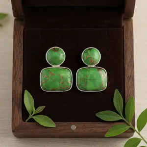 Copper Turquoise 18k <b>Silver</b> Plated Statement Brass Stud Fancy <b>Earring's</b> Trendy Minimalist Unique Wedding Birthday Gift For Her - Product Image 4