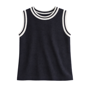 เสื้อกล้ามถักสำหรับผู้หญิง ตกแต่งด้วยการเย็บแบบคอนทราสต์ คอกลม แขนกุด สวมใส่สบายๆ ในฤดูร้อน ทรงหลวม ระบายอากาศได้ดี แฟชั่นเสื้อคลุมแบบสวม - Product Image 1