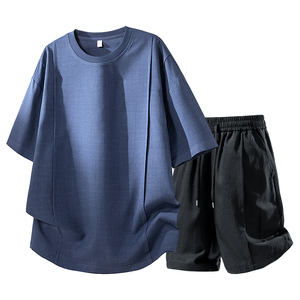 Ensemble décontracté deux pièces pour homme en coton gris thermique à motif floral, t-shirt à col rond et manches courtes, short à cordon de serrage, respirant, tricoté, pour l'été - Product Image 4