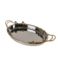 Plateau de service ovale en acier inoxydable AMSON BRASS martelé à la main, écologique, avec poignées en feuille d'argent, décoration moderne en métal pour la maison