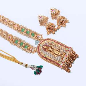 Fashionable Antique Gold Plated Long Necklace Set with Zircon Earrings for Bridal & Festival - Product Image 4