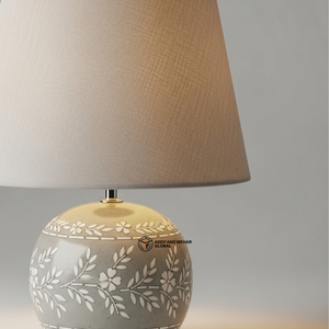 Luxury <b>Round</b> Bone Inlay <b>Table</b> Lamp with Beige Fabric Shade | Handcrafted Floral Inlay <b>Bedside</b> Lamp - Product Image 2