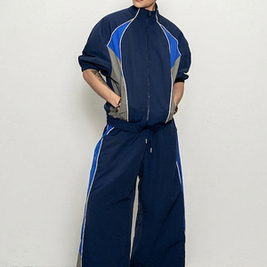 Vente Flash : Ensemble de Survêtement Homme Bleu Marine avec Blocs de Couleurs et Passepoil Blanc, Col Rond, Fermeture Éclair Intégrale, Manches Longues, Coupe Ample et Jambes Larges, Respirant, 2 Pièces - Product Image 3