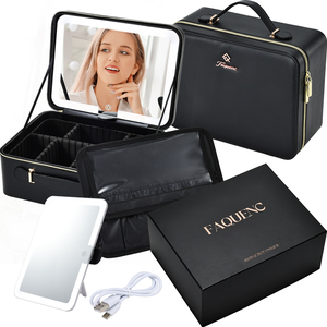 Large <b>Makeup</b> <b>Case</b> with LED Mirror Travel <b>Makeup</b> Bag Leather Cosmetic Bag with Adjustable Dividers Brush Holder - Product Image 1