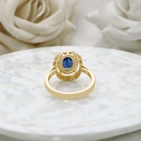 Anillo de Compromiso de Oro Amarillo de 14K con Zafiro Azul Ovalado y Doble Halo de Diamantes, Joyería Fina de Lujo, Gema Auténtica